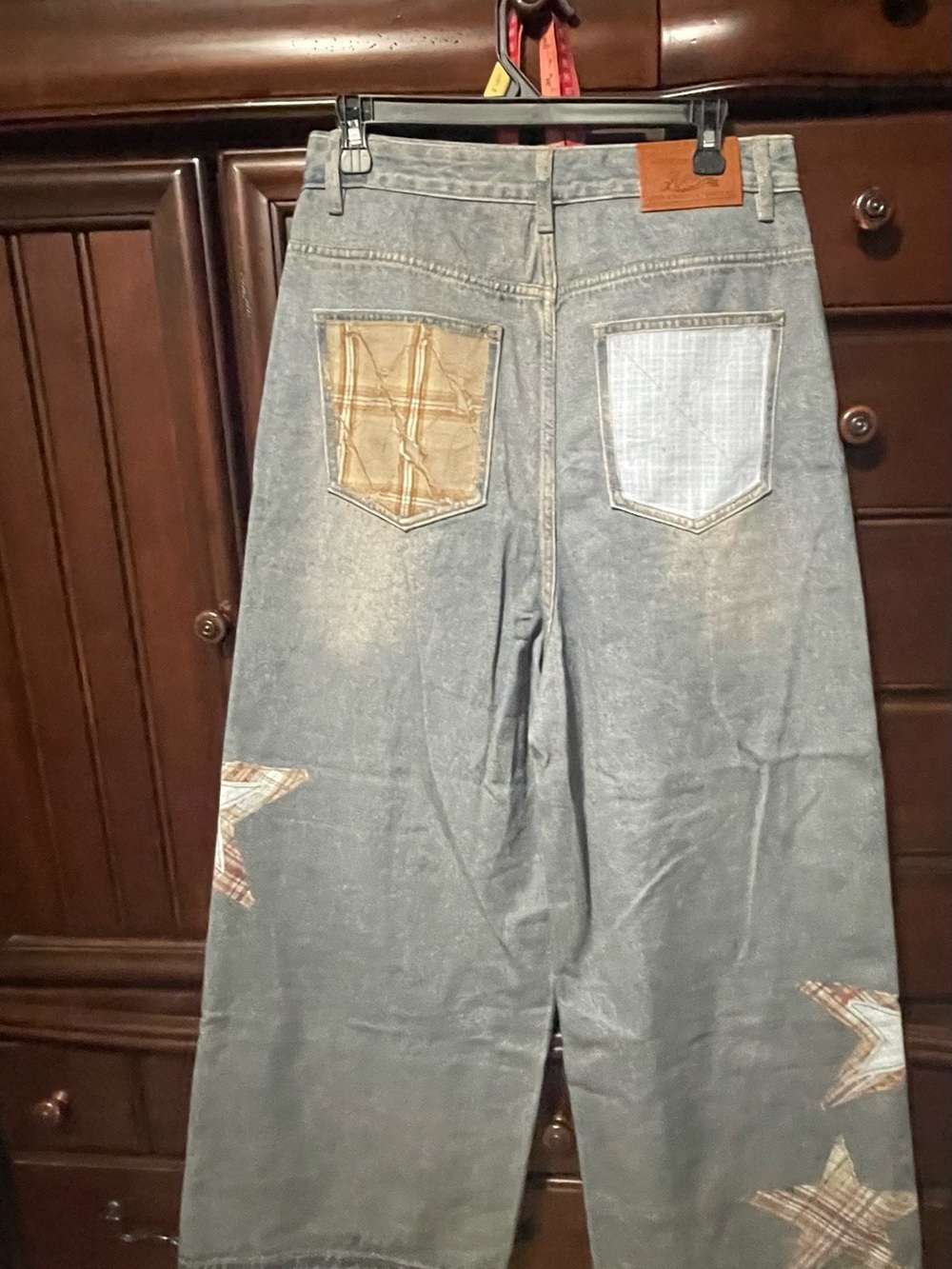 NWOT Aelfric Eden Patchwork Star-Accent Wide Leg Women’s Jeans - Blue/Brown - Picture 2 of 6